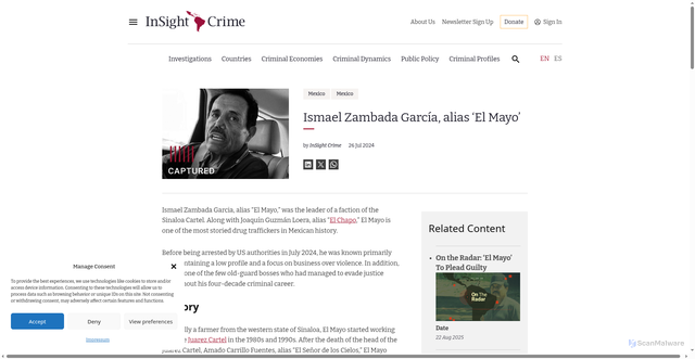 Security scan screenshot of https://insightcrime.org/mexico-organized-crime-news/ismael-zambada-garcia-el-mayo/