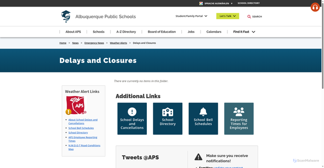 Security scan screenshot of https://www.aps.edu/news/emergency-news/weather-alerts/delays
