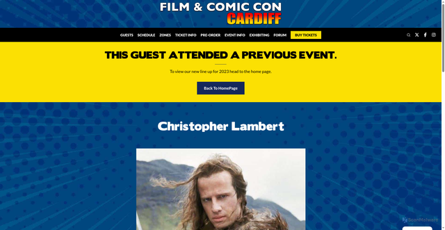 Security scan screenshot of https://filmandcomicconcardiff.com/guest/christopher-lambert/