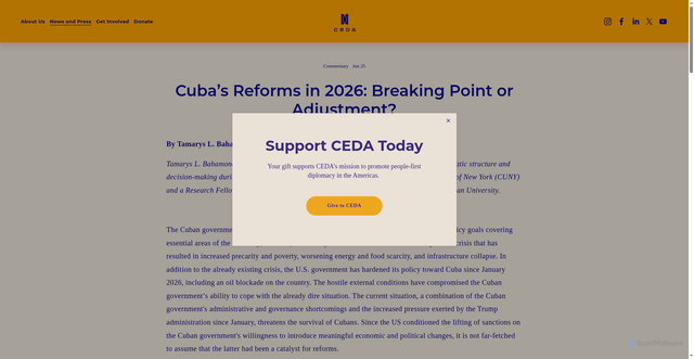 Security scan screenshot of https://www.weareceda.org/ceda-publications/cubas-2026-reforms-breaking-point-or-adjustment-tamarys-l-bahamonde