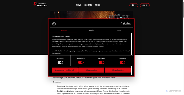 Security scan screenshot of https://press.cdprojektred.com/en/news/1702/the-witcher-iv-revealed-at-the-game-awards