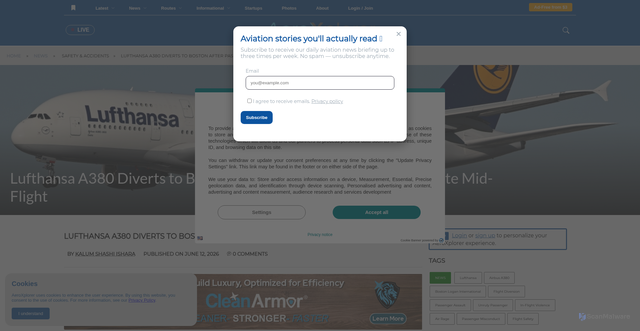 Security scan screenshot of https://aeroxplorer.com/articles/lufthansa-a380-diverts-to-boston-after-passenger-attacks-seatmate-midflight.php
