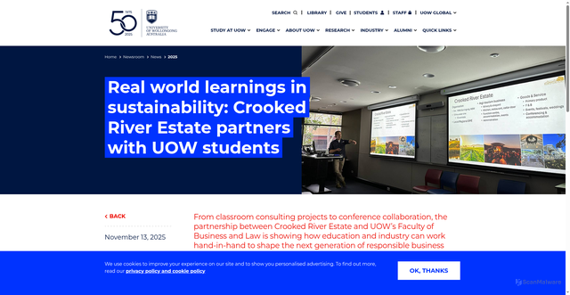 Security scan screenshot of https://www.uow.edu.au/newsroom/news/2025/real-world-learnings-in-sustainability-crooked-river-estate-partners-with-uow-students.php