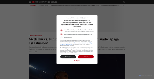 Security scan screenshot of https://www.elheraldo.co/deportes/rincon-juniorista/2025/12/07/medellin-vs-junior-con-fuego-en-el-corazon-nadie-apaga-esta-ilusion/