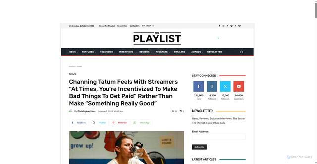 Security scan screenshot of https://theplaylist.net/channing-tatum-feels-with-streamers-at-times-youre-incentivized-to-make-bad-things-to-get-paid-rather-than-make-something-really-good-20251007/