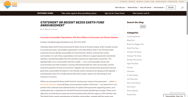 Security scan screenshot of https://climatejusticealliance.org/statement-on-recent-bef-announcement/