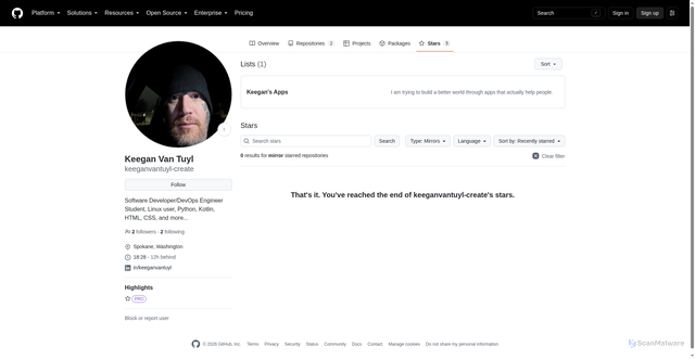 Security scan screenshot of https://github.com/keeganvantuyl-create?tab=stars&type=mirror