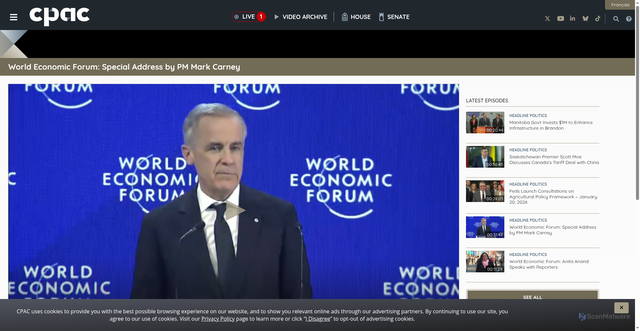 Security scan screenshot of https://www.cpac.ca/headline-politics/episode/world-economic-forum-special-address-by-pm-mark-carney?id=a5157ccf-d1f1-457a-89fd-46a6bd651479