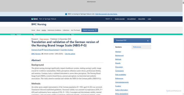 Security scan screenshot of https://bmcnurs.biomedcentral.com/articles/10.1186/s12912-025-04025-5