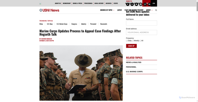 Security scan screenshot of https://news.usni.org/2025/10/08/marine-corps-updates-process-to-appeal-case-findings-after-hegseth-talk
