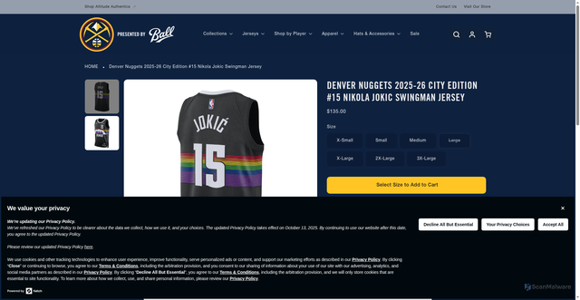 Security scan screenshot of https://shopnuggets.com/products/denver-nuggets-2025-26-city-edition-15-nikola-jokic-swingman-jersey