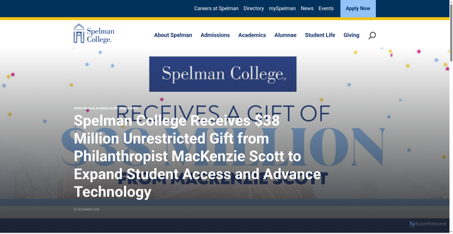 Security scan screenshot of https://www.spelman.edu/news/2025/11/mackenzie-scott-gift.html