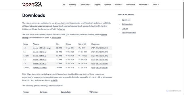 Security scan screenshot of https://openssl-library.org:443/source/