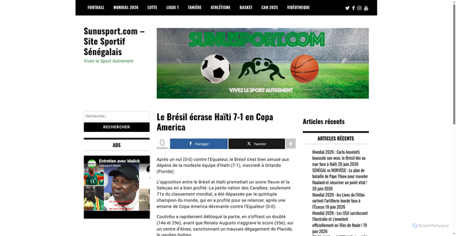 Security scan screenshot of https://sunusport.com/le-bresil-ecrase-haiti-7-1-en-copa-america/