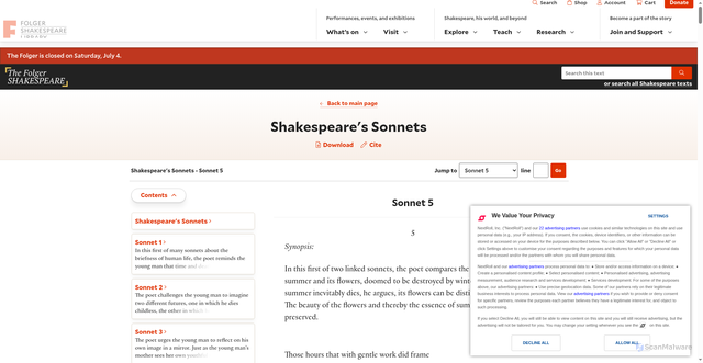 Security scan screenshot of https://www.folger.edu/explore/shakespeares-works/shakespeares-sonnets/read/5/