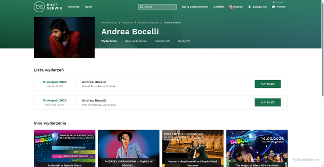 Security scan screenshot of https://biletserwis.pl/e/andrea-bocelli/