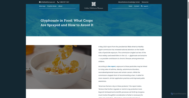 Security scan screenshot of https://galiherlaw.com/glyphosate-in-food-what-crops-are-sprayed-and-how-to-avoid-it/