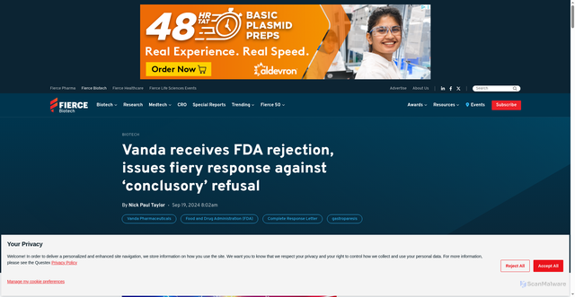 Security scan screenshot of https://www.fiercebiotech.com/biotech/vanda-receives-fda-rejection-issues-fiery-response-against-conclusory-refusal