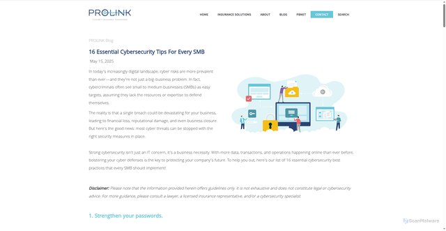 Security scan screenshot of https://prolink.insure/16-essential-cybersecurity-tips/