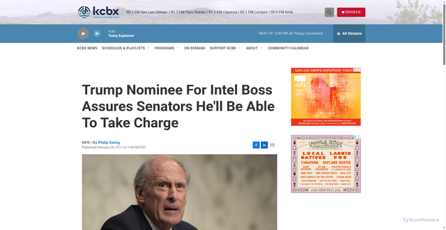 Security scan screenshot of https://www.kcbx.org/2017-02-28/trump-nominee-for-intel-boss-assures-senators-hell-be-able-to-take-charge