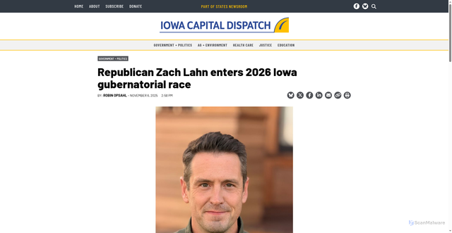 Security scan screenshot of https://iowacapitaldispatch.com/2025/11/06/republican-zach-lahn-enters-2026-iowa-gubernatorial-race/