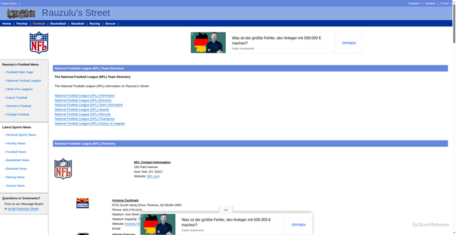 Security scan screenshot of https://www.rauzulusstreet.com/football/profootball/nflldirectory.htm