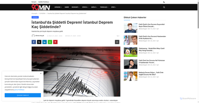 Security scan screenshot of https://www.90min.tr/istanbulda-siddetli-deprem-istanbul-deprem-kac-siddetinde