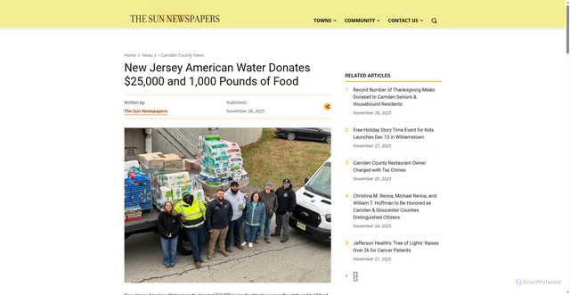 Security scan screenshot of https://thesunpapers.com/2025/11/28/nj-american-water-donates-25k-and-1000-pounds-of-food-to-food-banks/