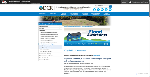 Security scan screenshot of https://www.dcr.virginia.gov/dam-safety-and-floodplains/floodawareness