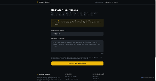 Security scan screenshot of https://arnaque-binance.pages.dev/signaler?phone=0162151480