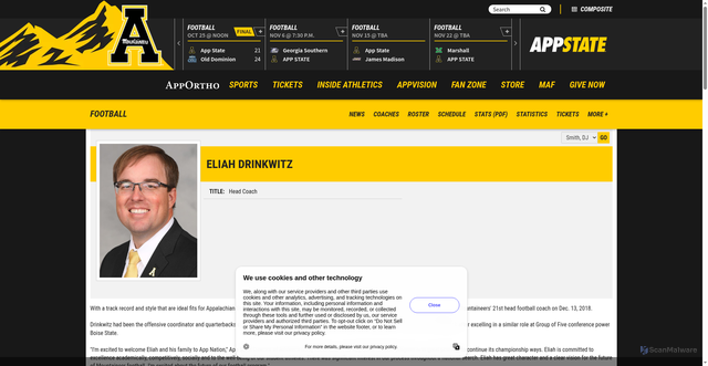 Security scan screenshot of https://appstatesports.com/sports/football/roster/coaches/eliah-drinkwitz/979