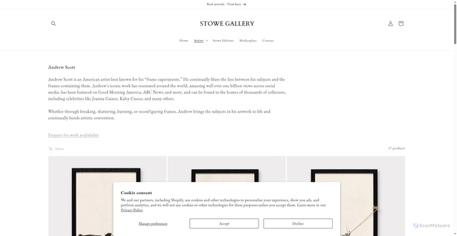 Security scan screenshot of https://stowe-gallery.com/collections/andrew-scott