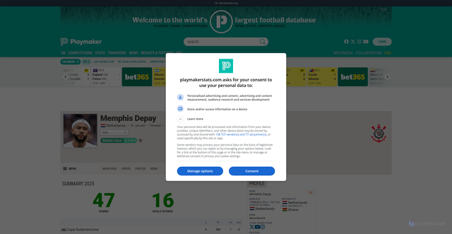 Security scan screenshot of https://www.playmakerstats.com/player/memphis-depay/179819