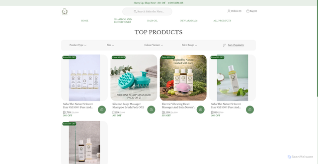 Security scan screenshot of https://sabathenaturessecret.com/TOP-PRODUCTS/collection/uKSYVIUE