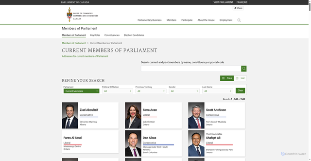 Security scan screenshot of https://www.ourcommons.ca/members/en/search