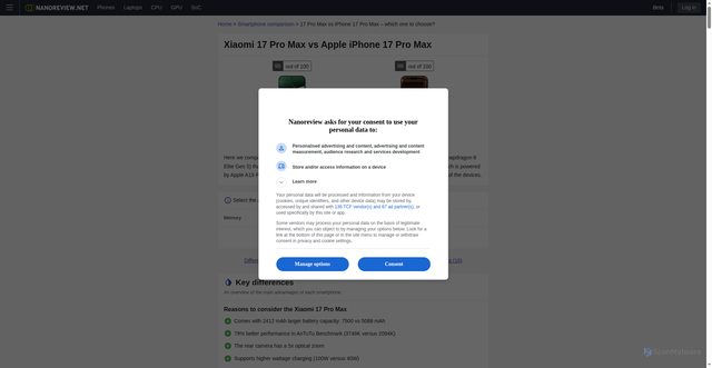 Security scan screenshot of https://nanoreview.net/en/phone-compare/xiaomi-17-pro-max-vs-apple-iphone-17-pro-max
