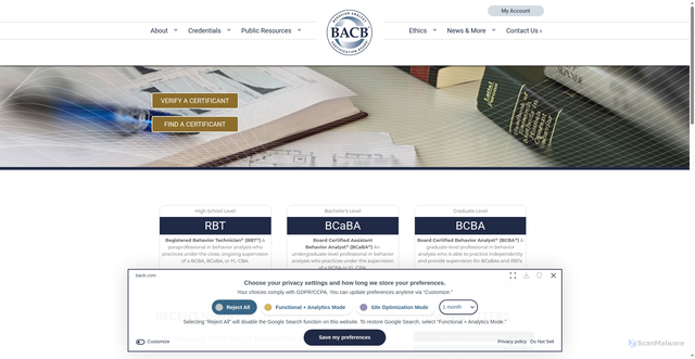 Security scan screenshot of https://www.bacb.com