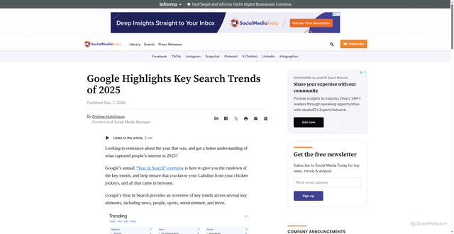 Security scan screenshot of https://www.socialmediatoday.com/news/google-highlights-key-search-trends-of-2025/807238/