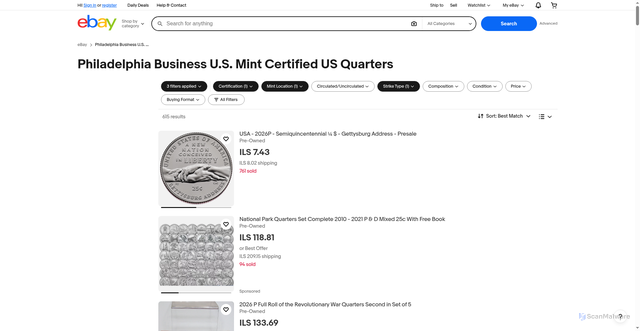 Security scan screenshot of https://il.ebay.com/b/Philadelphia-Business-U-S-Mint-Certified-US-Quarters/11962/bn_26651784