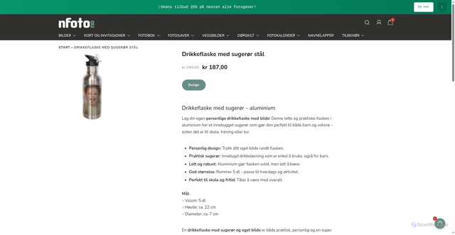 Security scan screenshot of https://nfoto.no/produkter/drikkeflaske-med-sugeror-stal/?utm_source=nfoto.no&utm_campaign=ca27ce260f-EMAIL_CAMPAIGN_2026_07_13_08_37&utm_medium=email&utm_term=0_-ca27ce260f-4832893&mc_cid=ca27ce260f&mc_eid=UNIQID