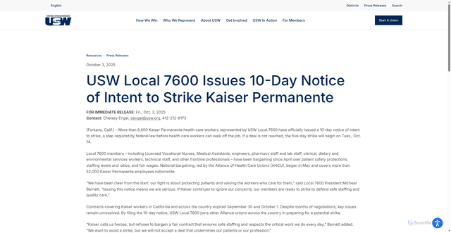 Security scan screenshot of https://usw.org/press-release/usw-local-7600-issues-10-day-notice-of-intent-to-strike-kaiser-permanente/