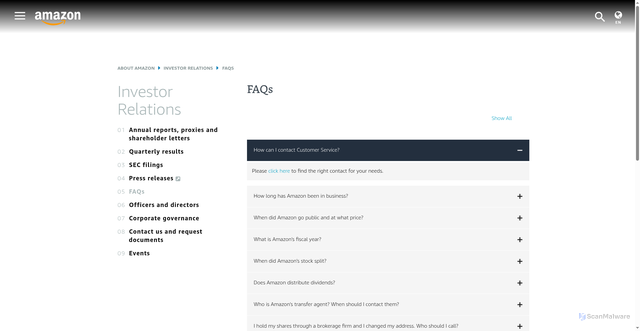 Security scan screenshot of https://ir.aboutamazon.com/faqs/default.aspx