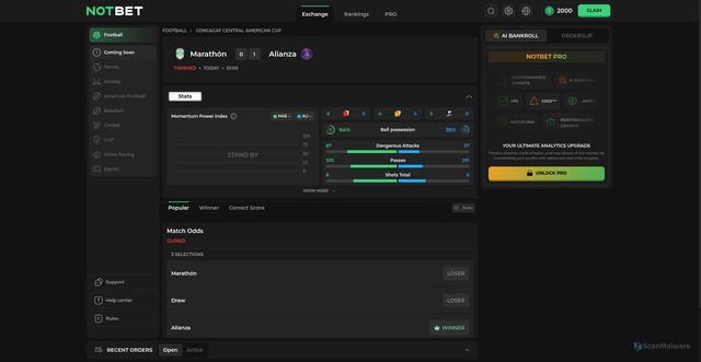 Security scan screenshot of https://notbet.com/en/dashboard/exchange/football/match/marathon-vs-alianza-19712630