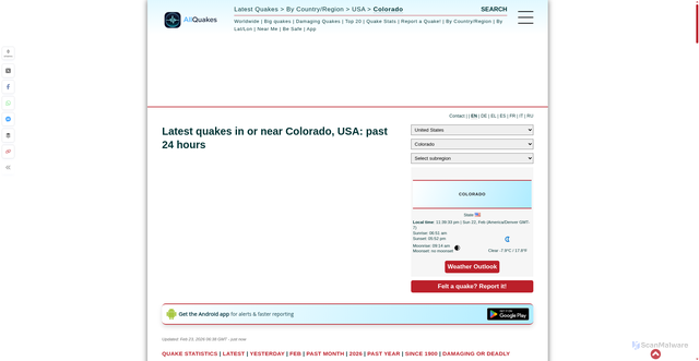 Security scan screenshot of https://allquakes.com/earthquakes/colorado/past24hrs.html