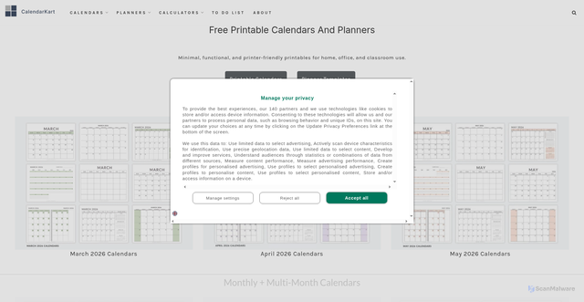 Security scan screenshot of https://calendarkart.com