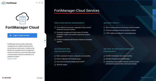 Security scan screenshot of https://fortimanager.forticloud.com