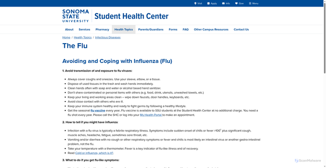 Security scan screenshot of https://health.sonoma.edu/health-topics/infectious-diseases/flu