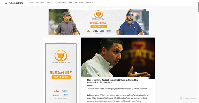 Security scan screenshot of https://www.amestrib.com/story/sports/college/football/2017/05/13/how-iowa-state-football-coach/21049298007/