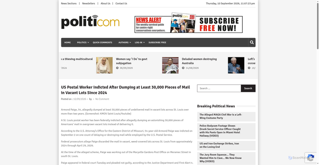 Security scan screenshot of https://politicom.com.au/us-postal-worker-indicted-after-dumping-at-least-30000-pieces-of-mail-in-vacant-lots-since-2024/