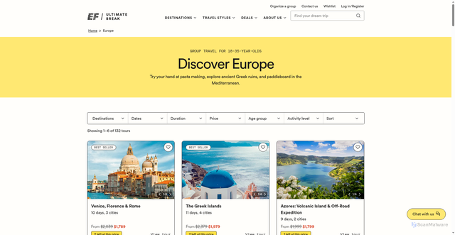 Security scan screenshot of https://www.efultimatebreak.com/tours/europe
